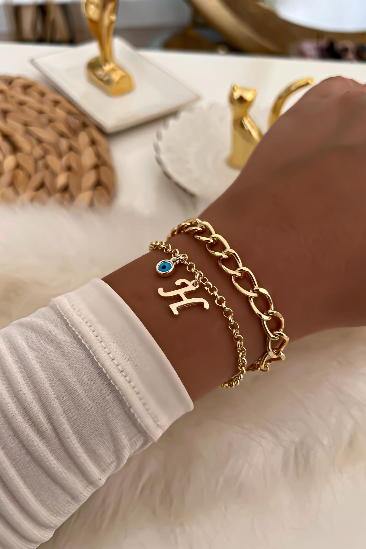 Harfli İkili Zincir Bileklik 11 Gold