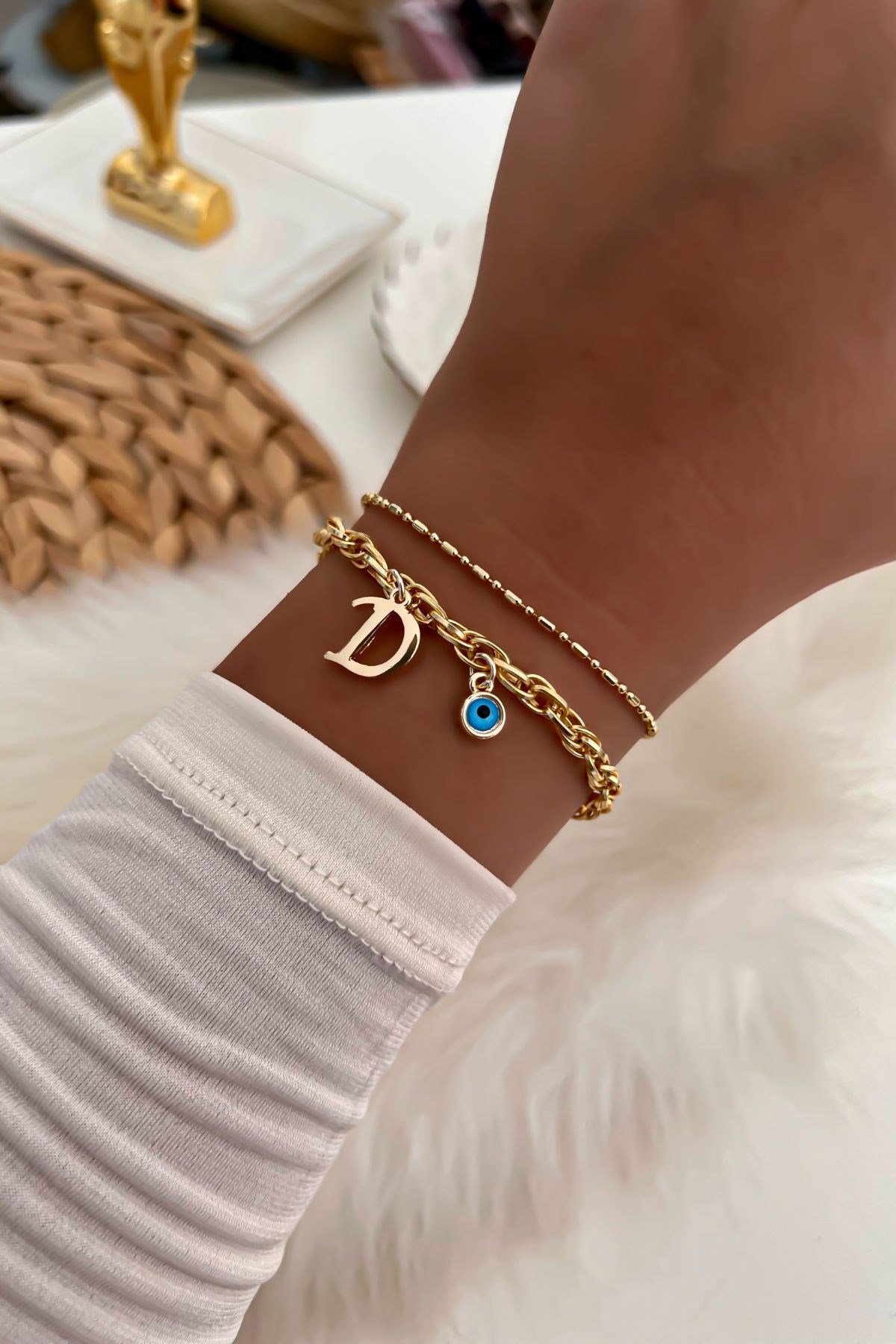 Harfli İkili Zincir Bileklik 13 Gold