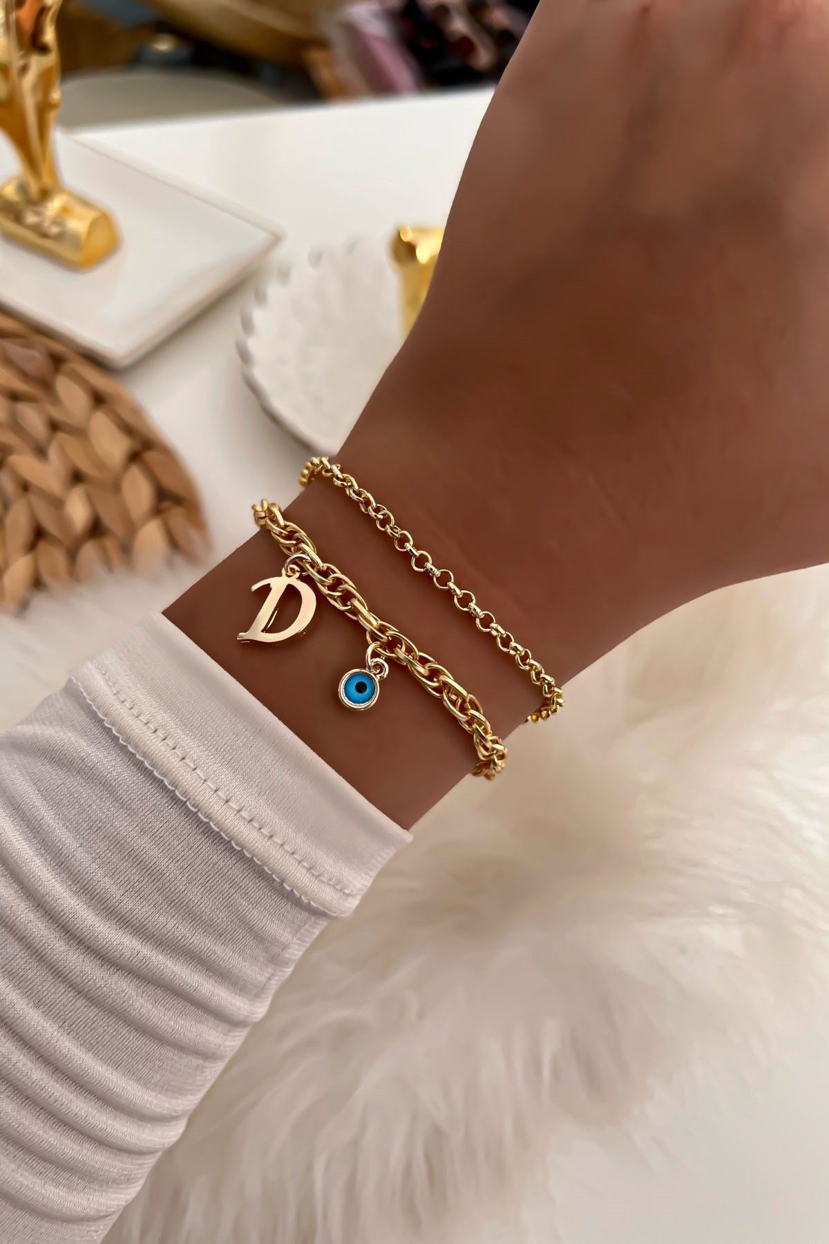 Harfli İkili Zincir Bileklik 14 Gold