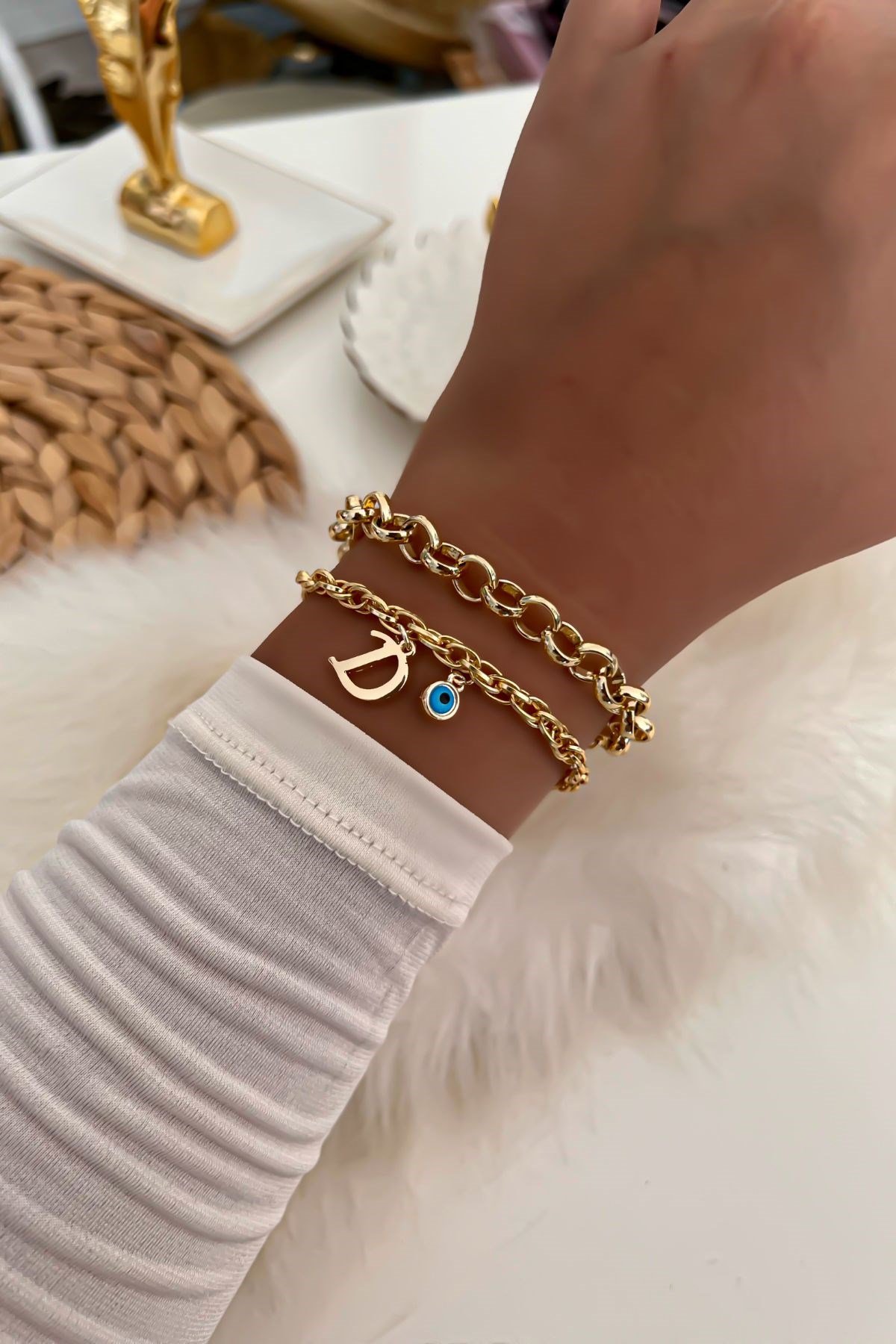 Harfli İkili Zincir Bileklik 15 Gold