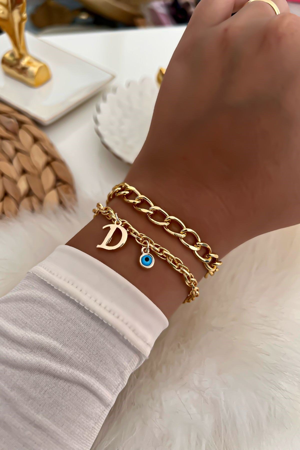 Harfli İkili Zincir Bileklik 17 Gold