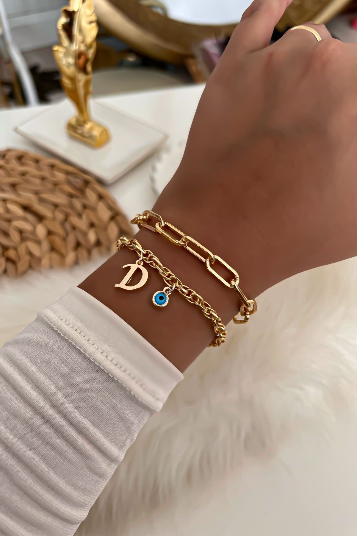 Harfli İkili Zincir Bileklik 18 Gold