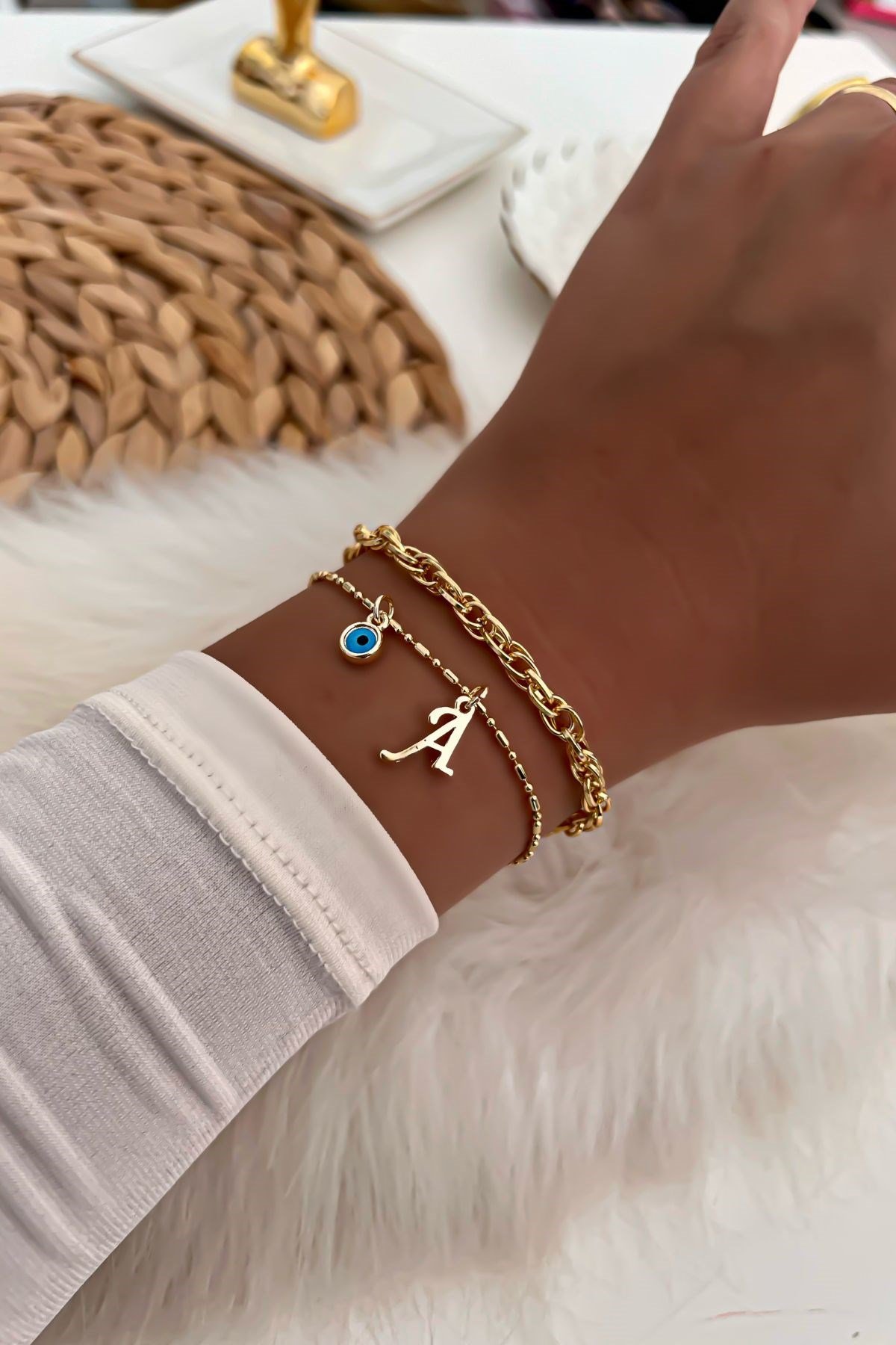 Harfli İkili Zincir Bileklik 2 Gold