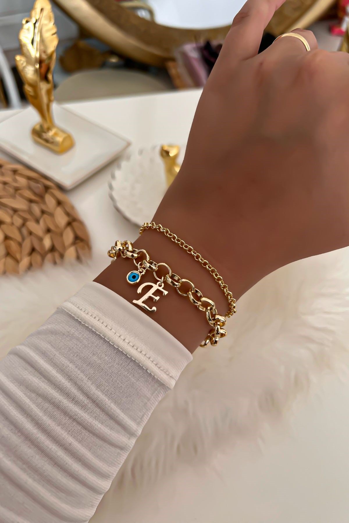 Harfli İkili Zincir Bileklik 20 Gold