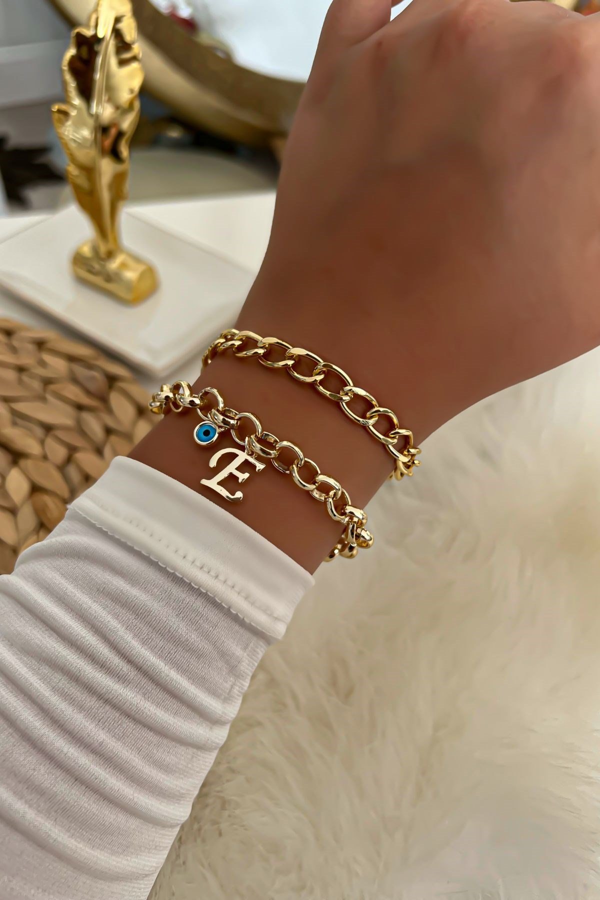 Harfli İkili Zincir Bileklik 23 Gold