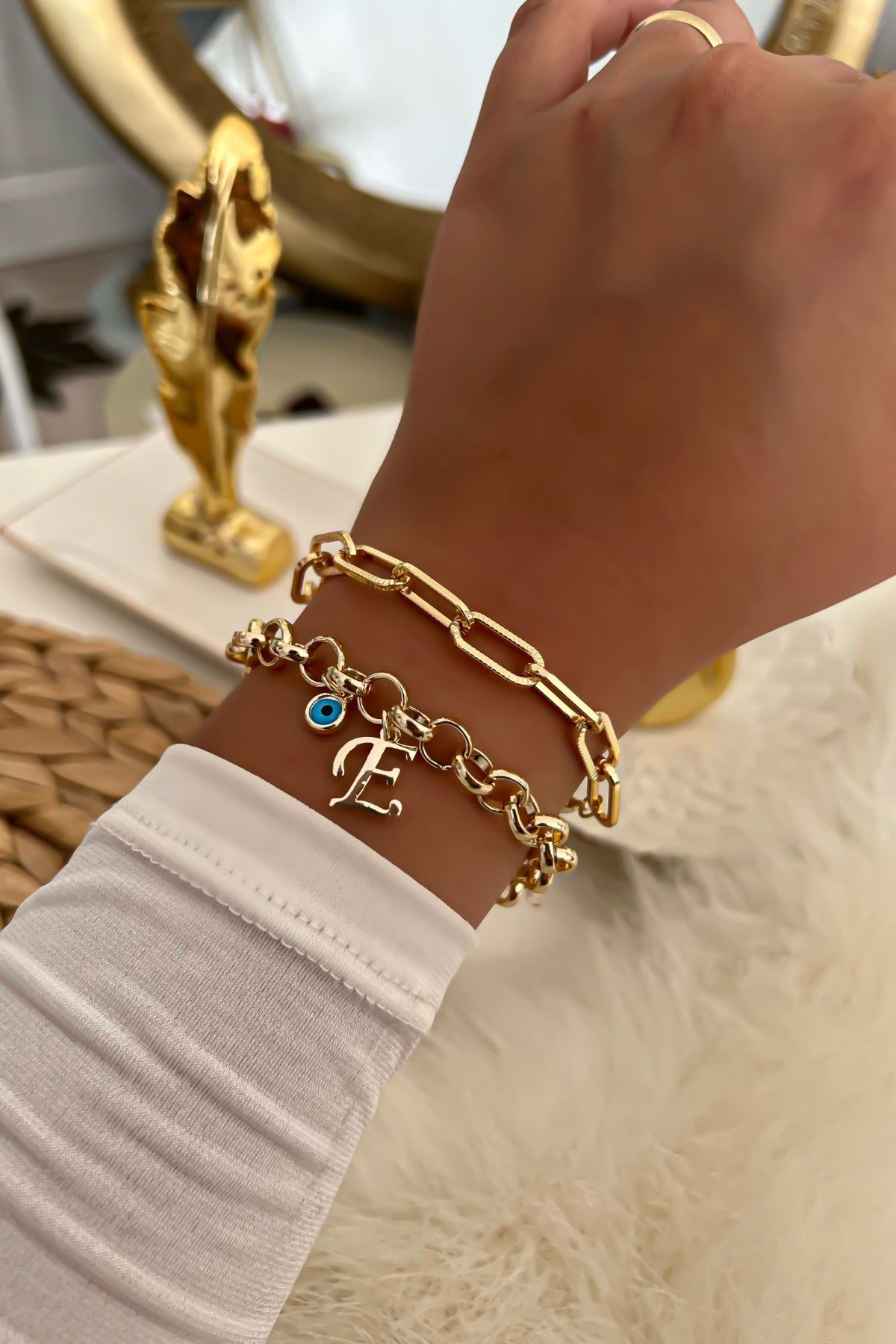 Harfli İkili Zincir Bileklik 24 Gold