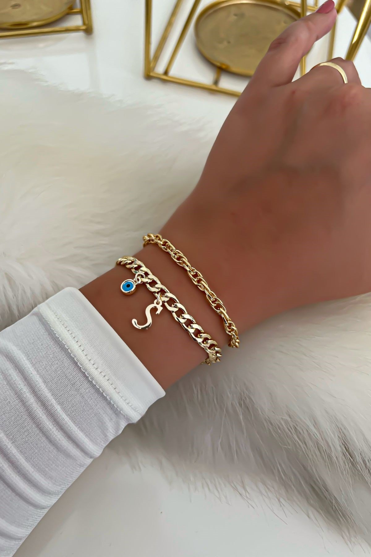 Harfli İkili Zincir Bileklik 25 Gold