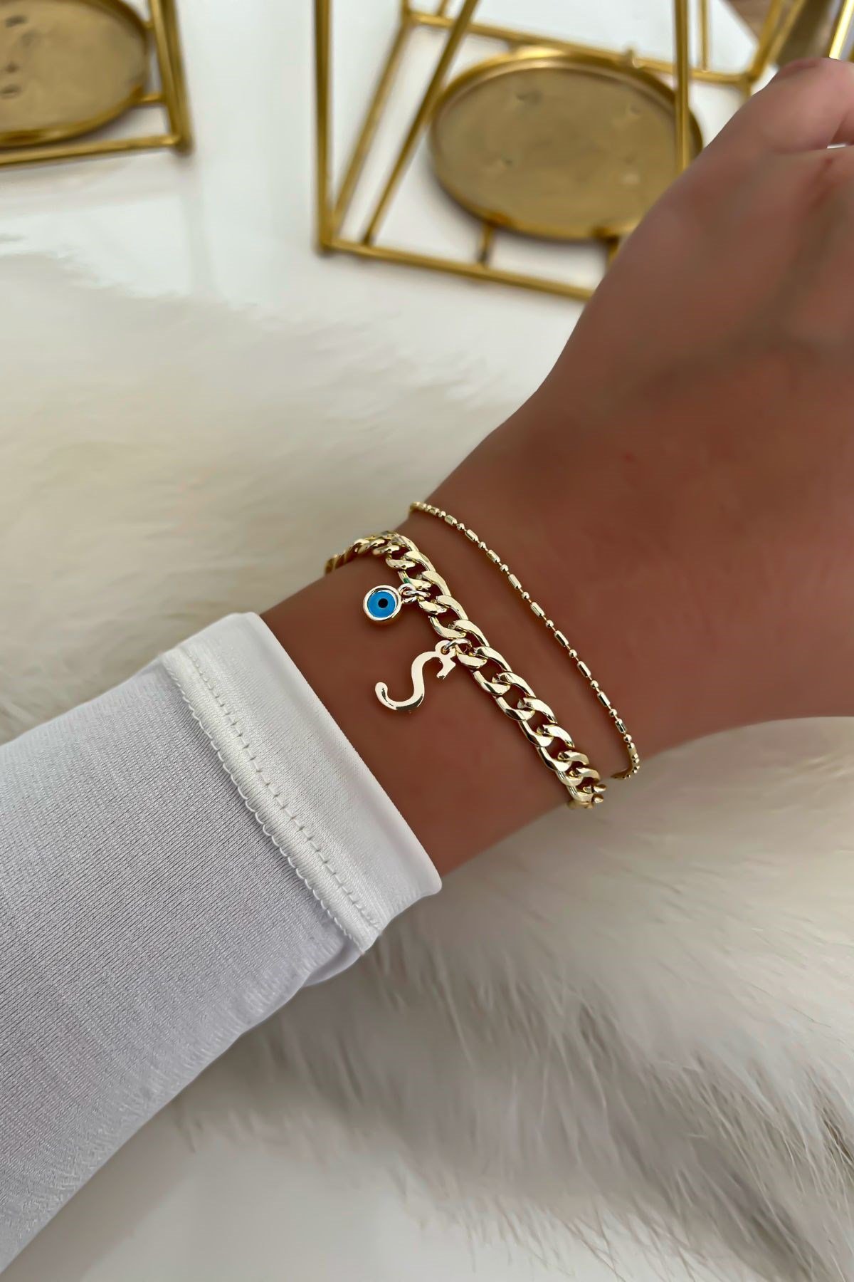 Harfli İkili Zincir Bileklik 26 Gold