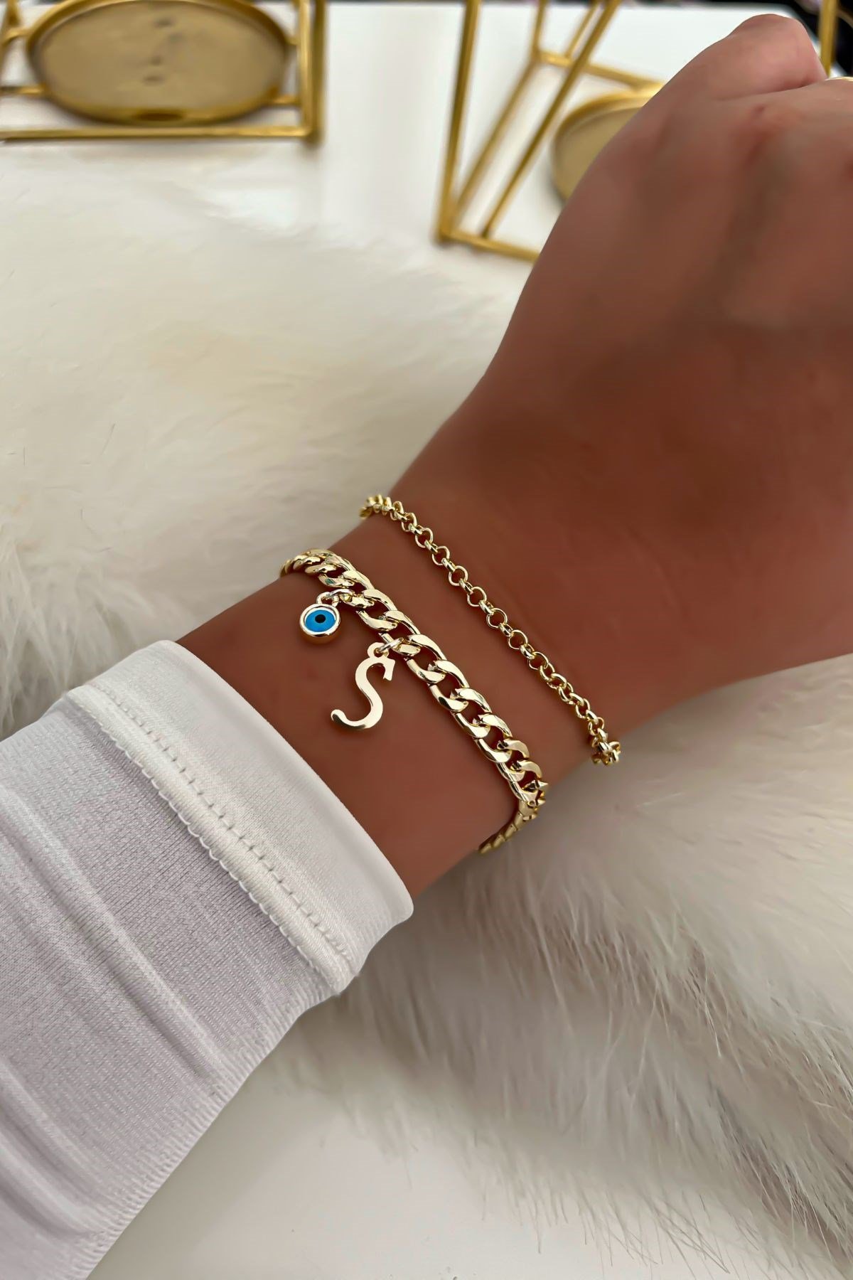 Harfli İkili Zincir Bileklik 27 Gold