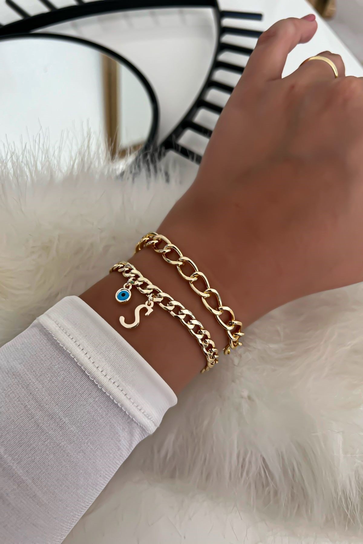 Harfli İkili Zincir Bileklik 28 Gold