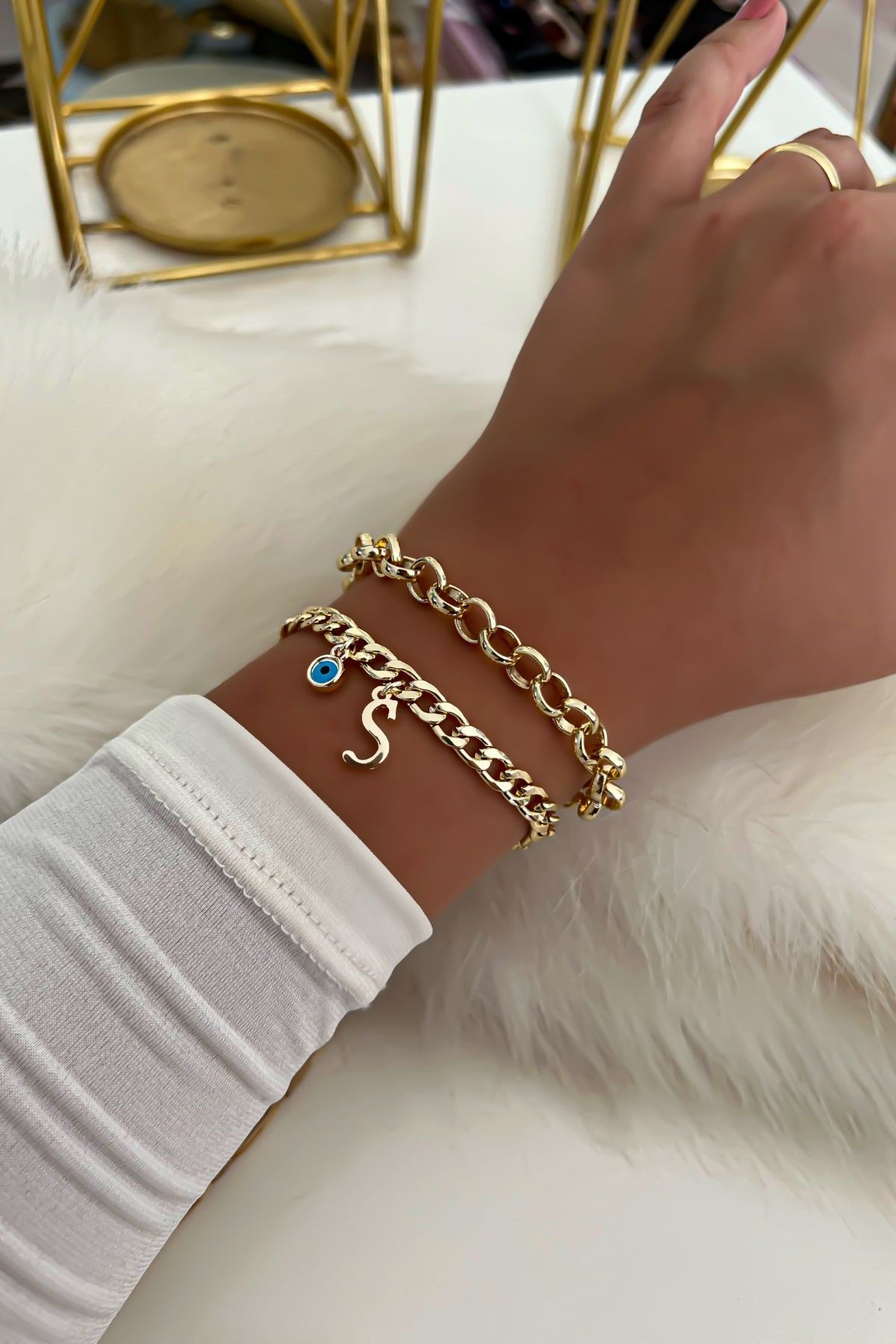 Harfli İkili Zincir Bileklik 29 Gold