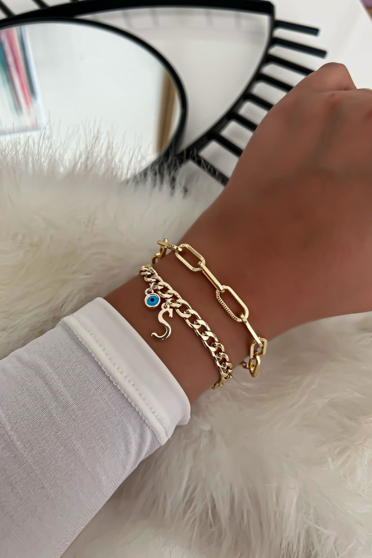 Harfli İkili Zincir Bileklik 30 Gold