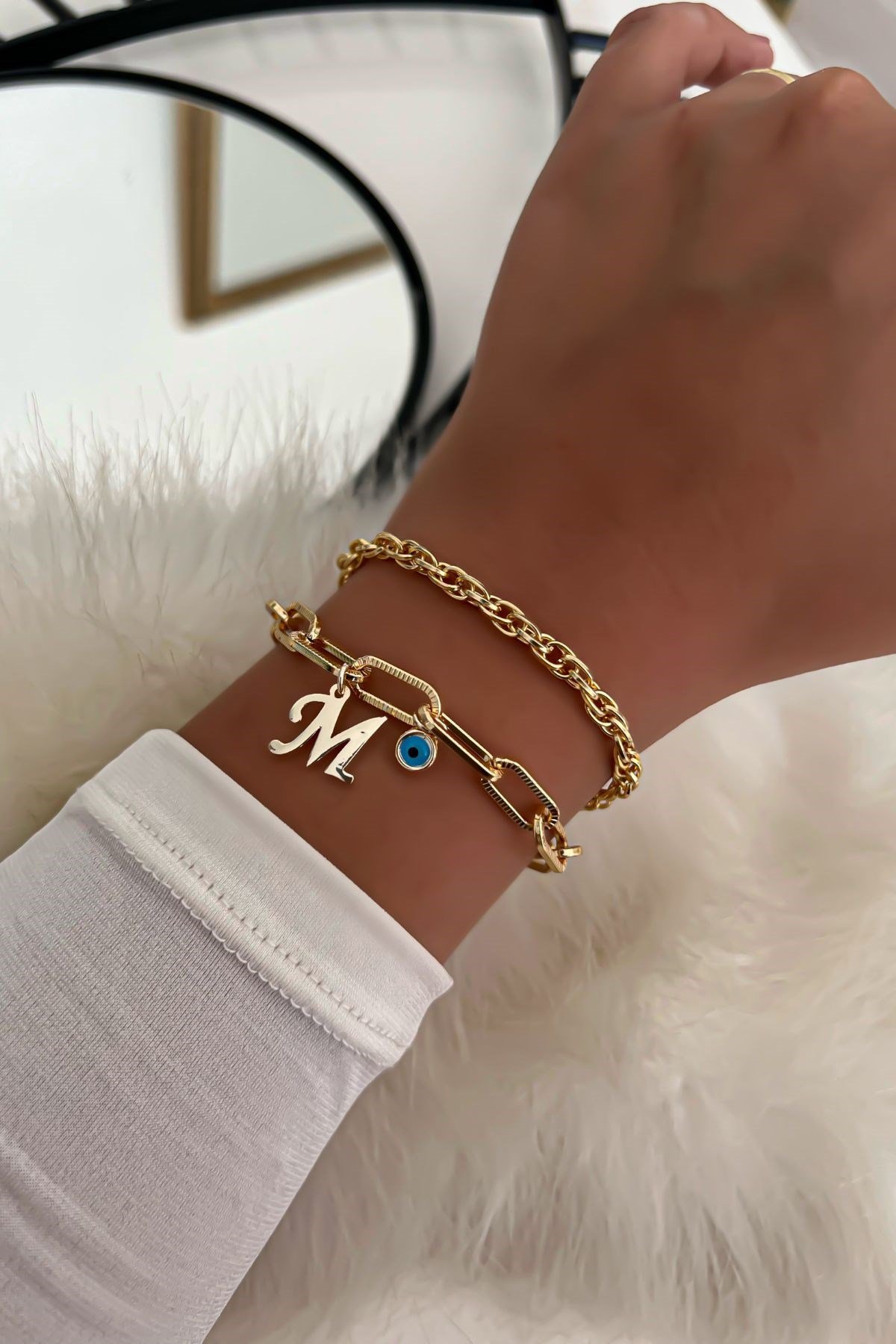 Harfli İkili Zincir Bileklik 33 Gold