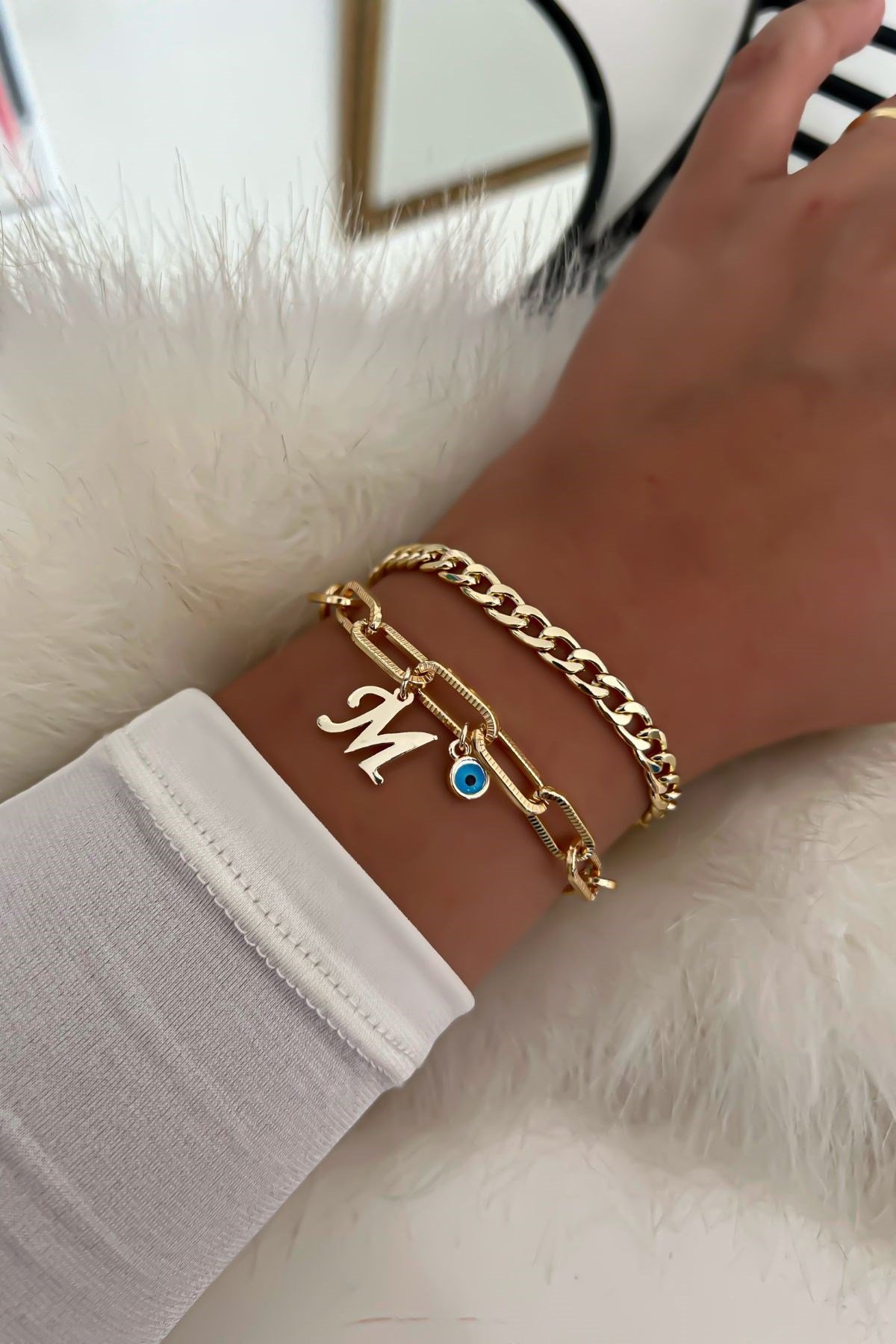 Harfli İkili Zincir Bileklik 35 Gold