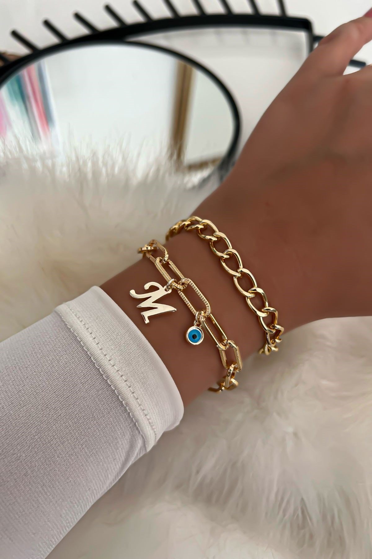 Harfli İkili Zincir Bileklik 36 Gold