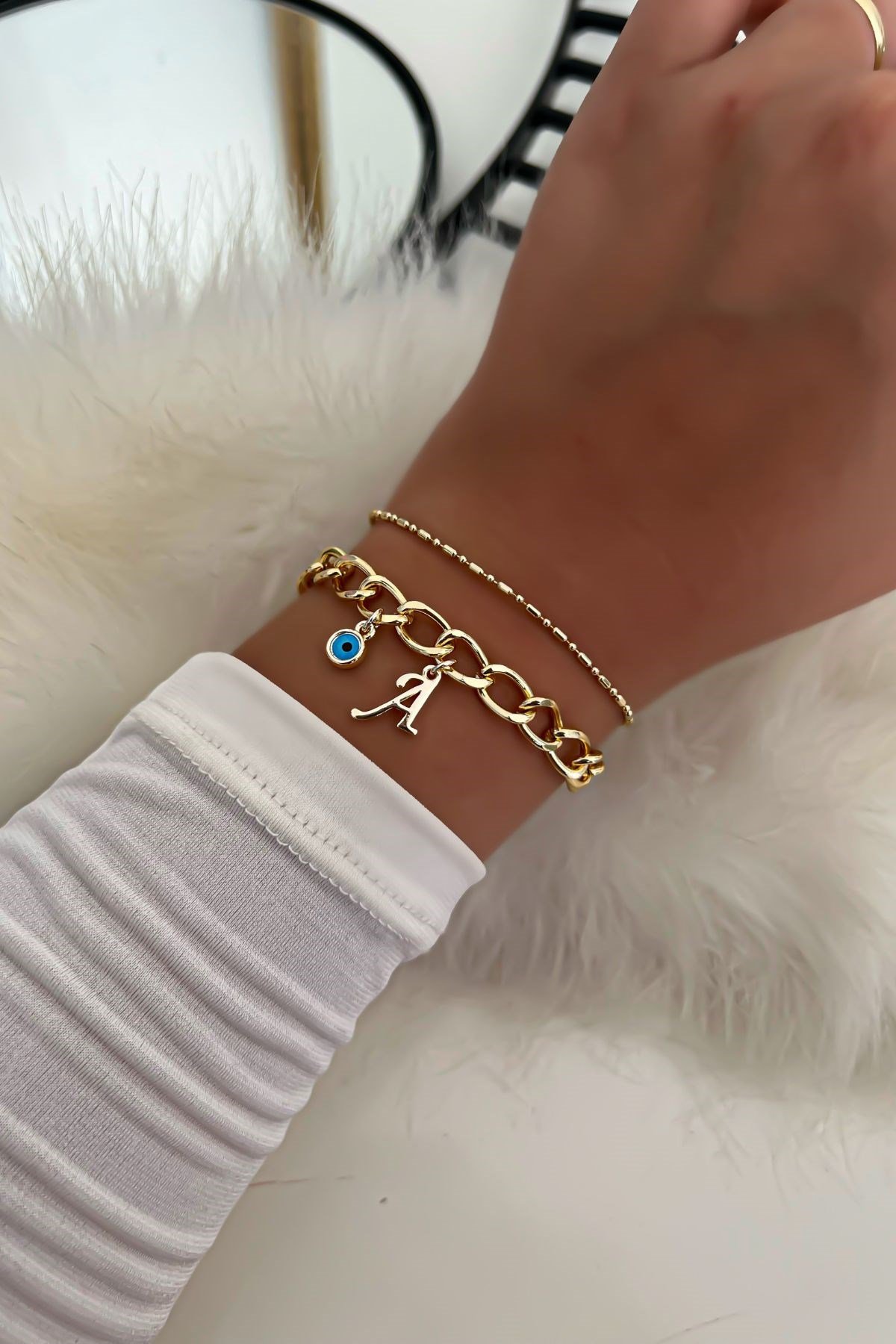 Harfli İkili Zincir Bileklik 37 Gold