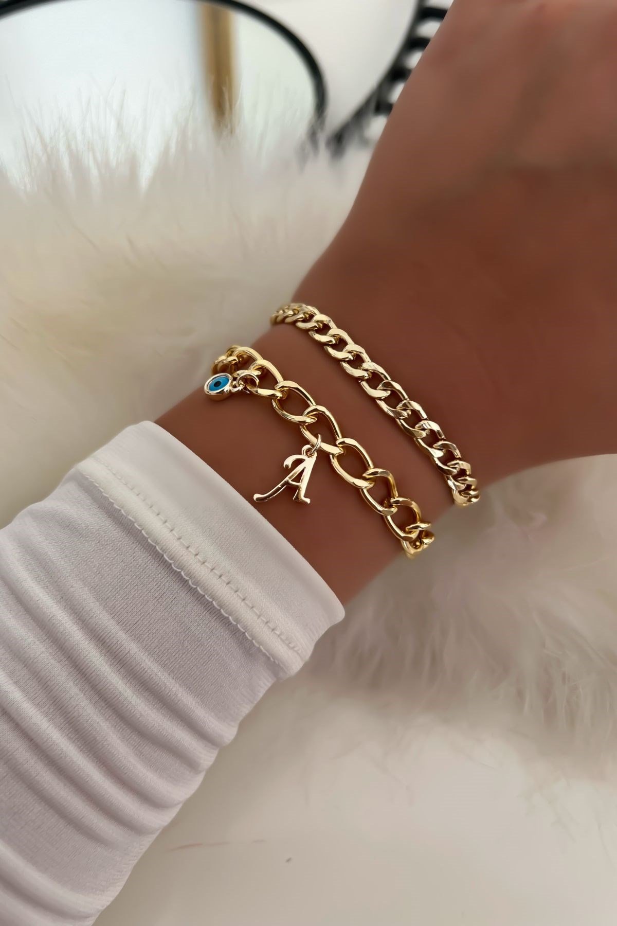 Harfli İkili Zincir Bileklik 40 Gold