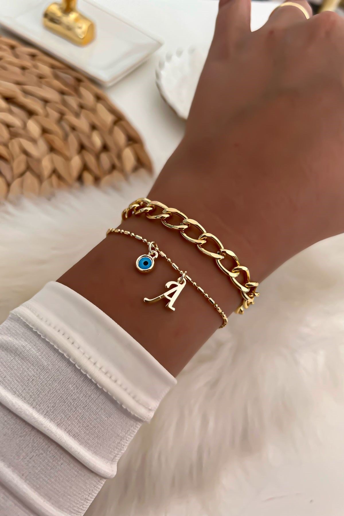 Harfli İkili Zincir Bileklik 5 Gold