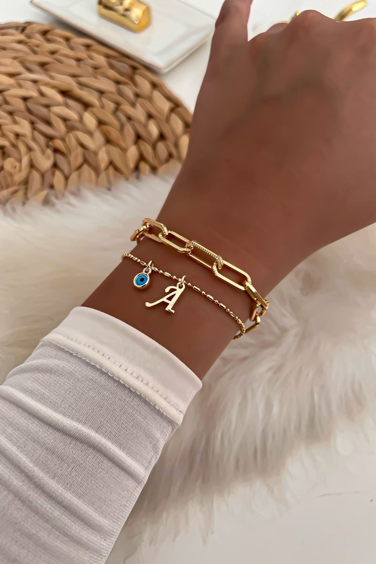 Harfli İkili Zincir Bileklik 6 Gold