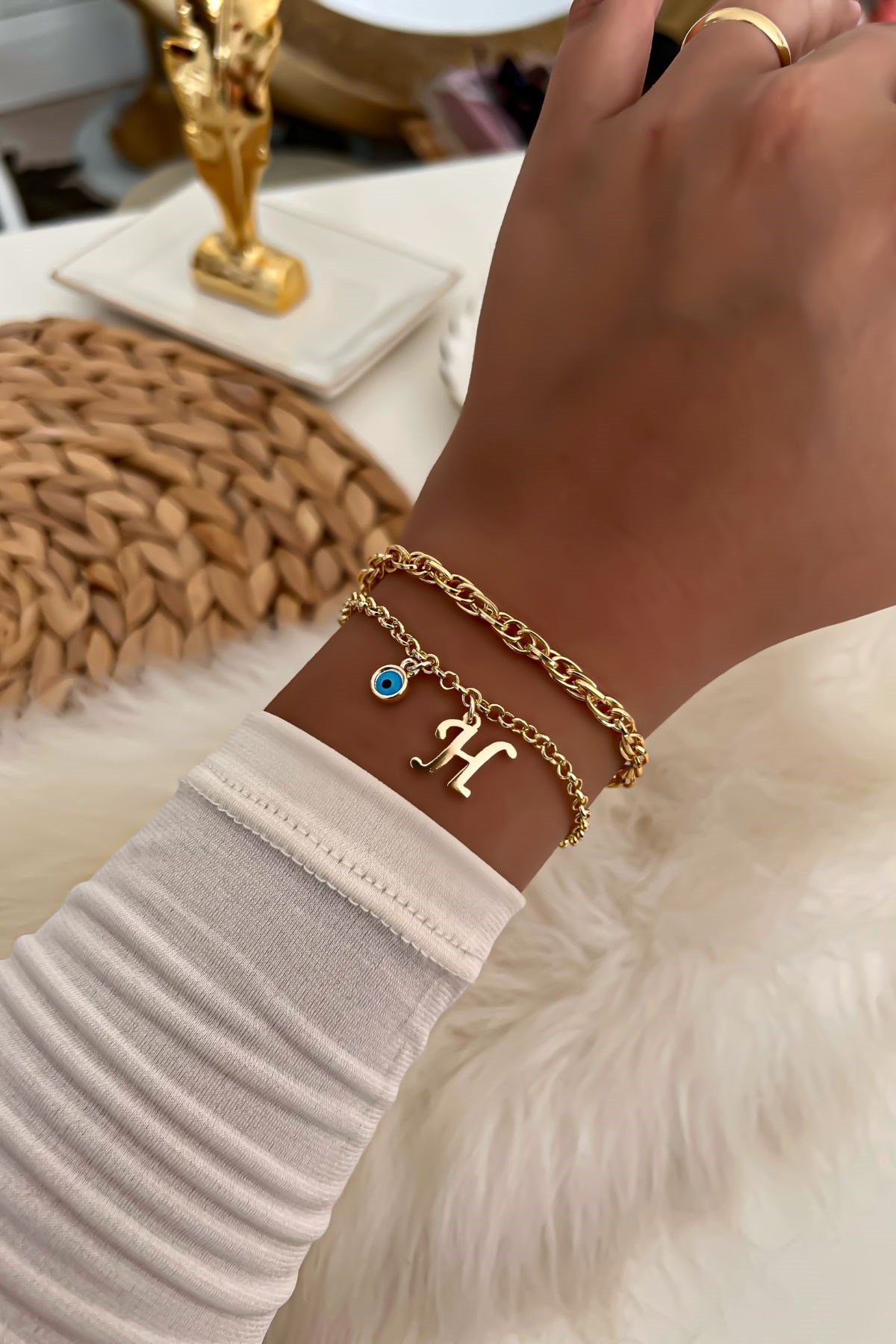 Harfli İkili Zincir Bileklik 8 Gold