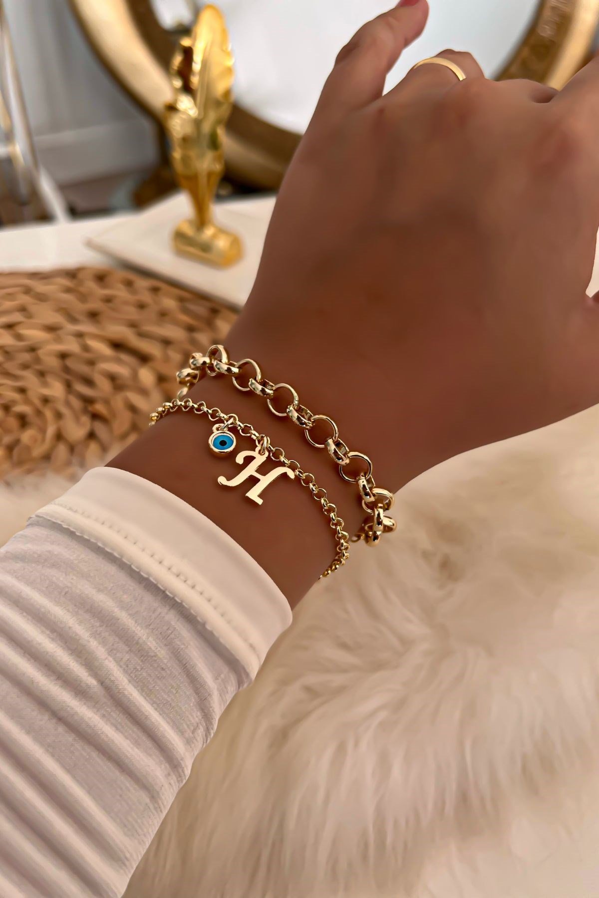 Harfli İkili Zincir Bileklik 9 Gold