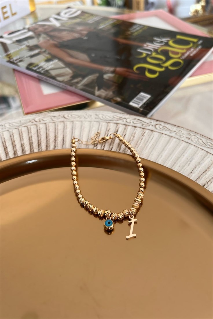 İ Harf ve Nazar Sallantılı Dorika Bileklik Gold