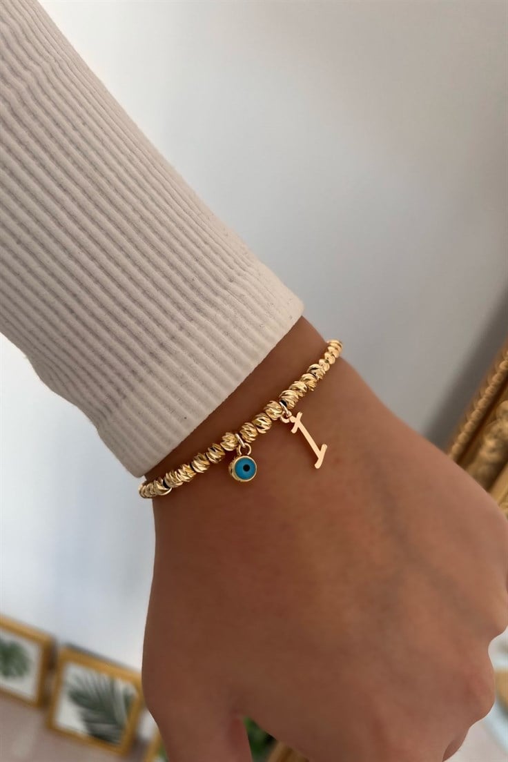 İ Harf ve Nazar Sallantılı Dorika Bileklik Gold