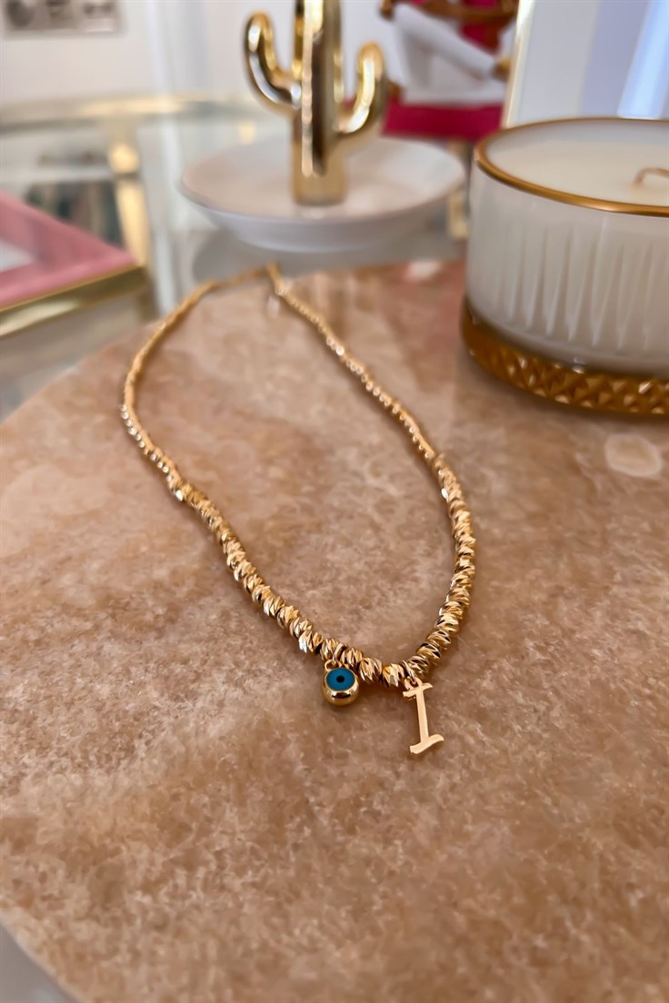 I Harfli ve Nazar Detaylı Dorika Kolye Gold