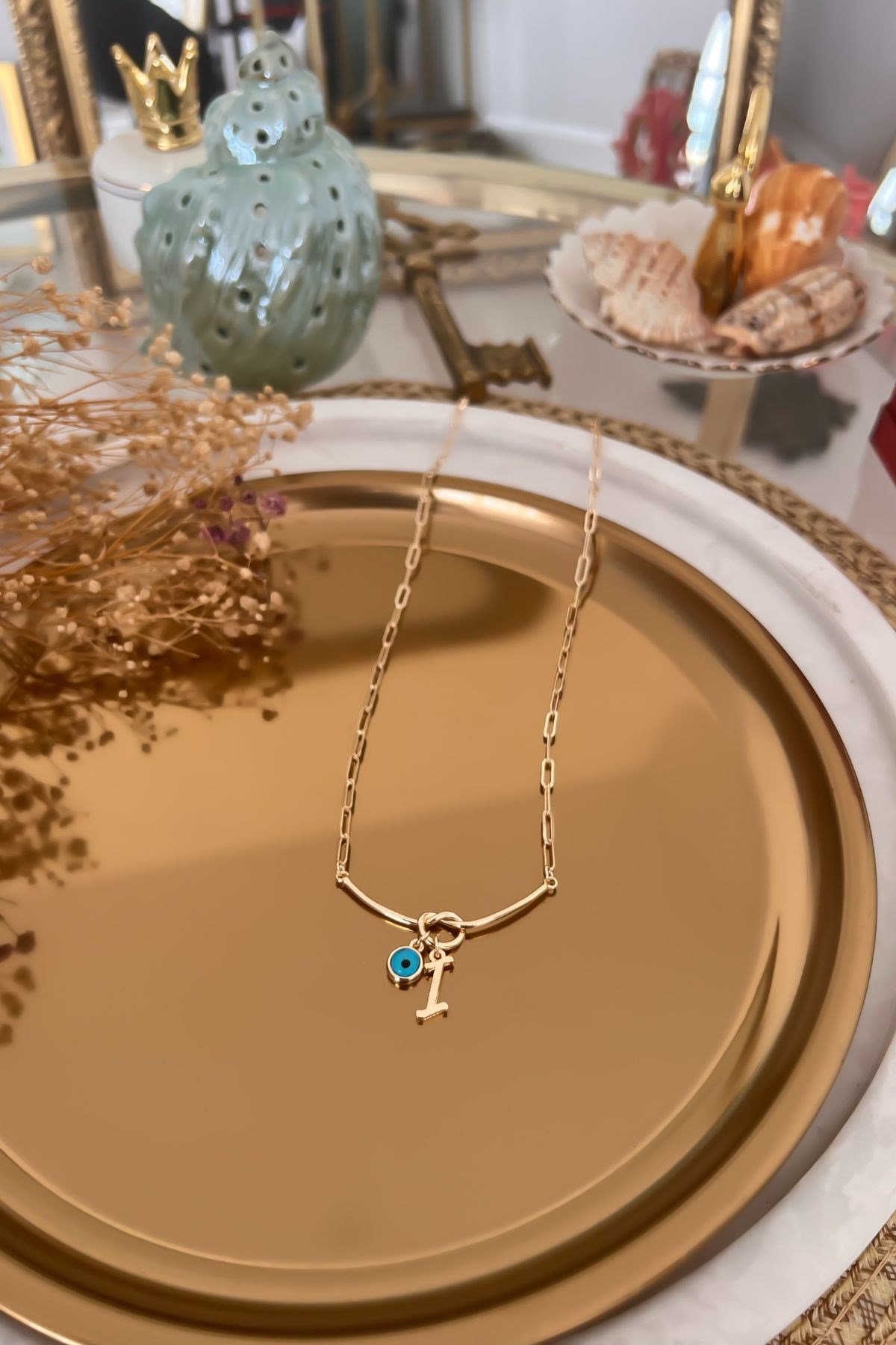 I Harfli ve Nazar Sallantılı Düğüm Kolye Gold