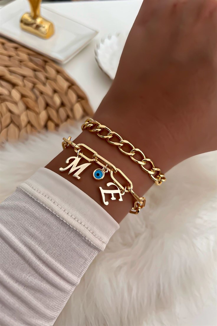 İki Harfli İkili Zincir Bileklik 1 Gold