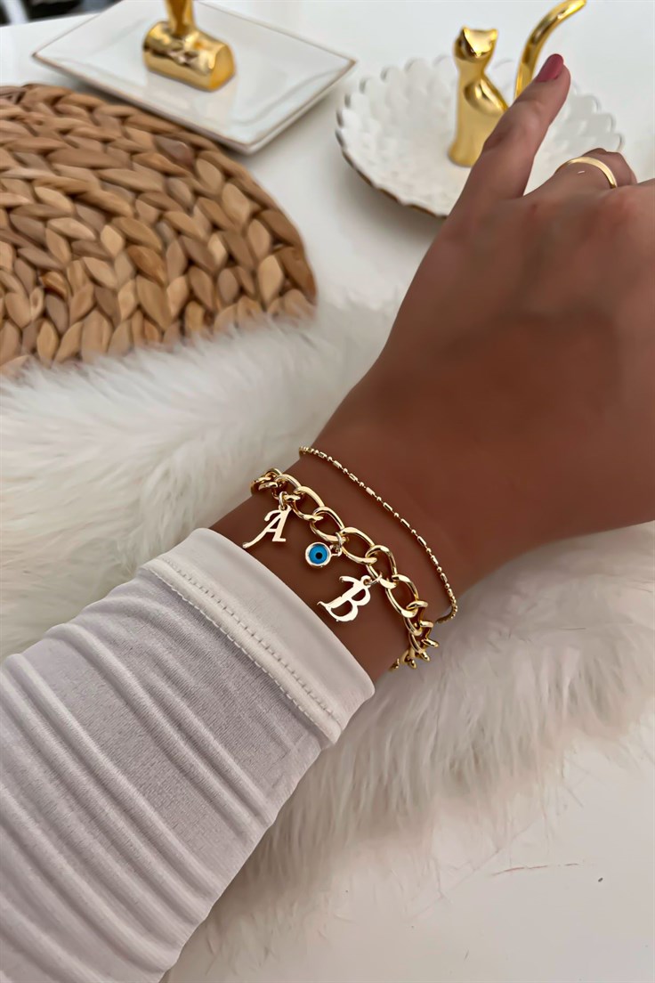 İki Harfli İkili Zincir Bileklik 11 Gold