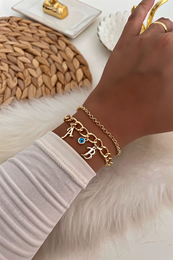 İki Harfli İkili Zincir Bileklik 12 Gold