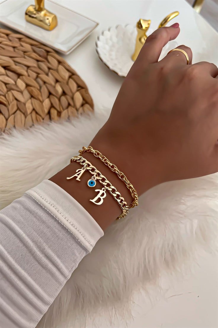 İki Harfli İkili Zincir Bileklik 14 Gold