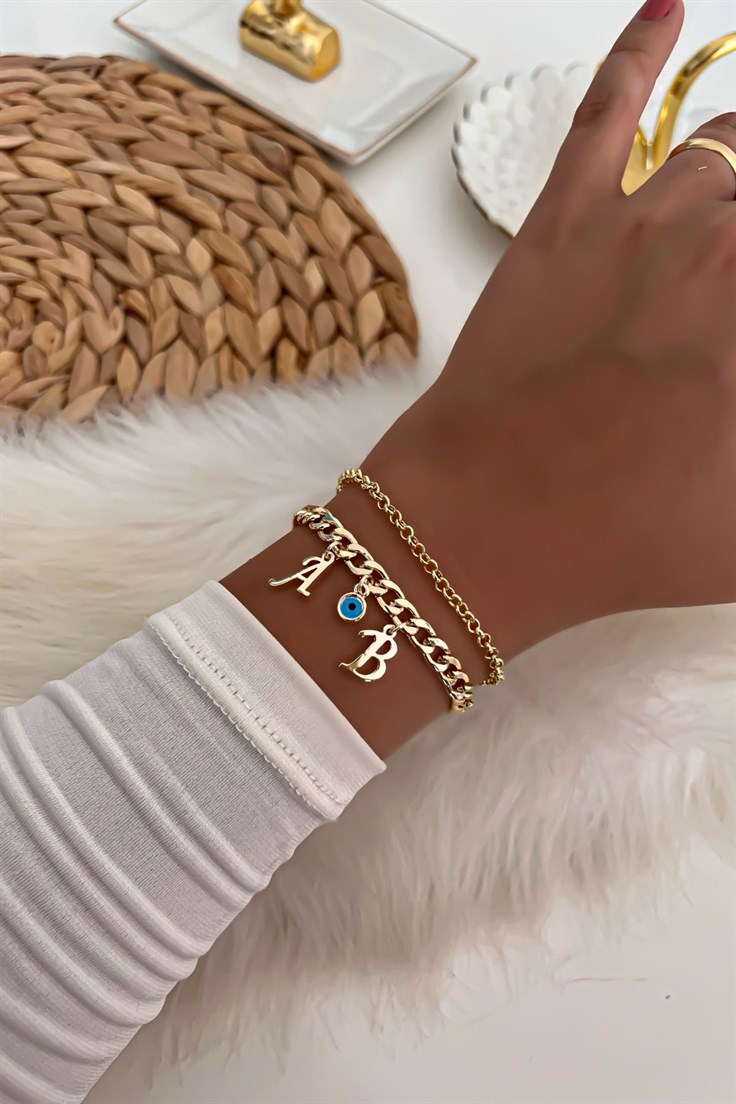 İki Harfli İkili Zincir Bileklik 16 Gold