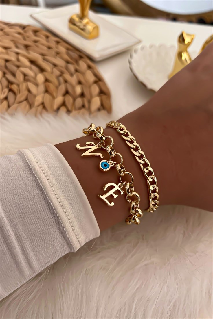 İki Harfli İkili Zincir Bileklik 20 Gold