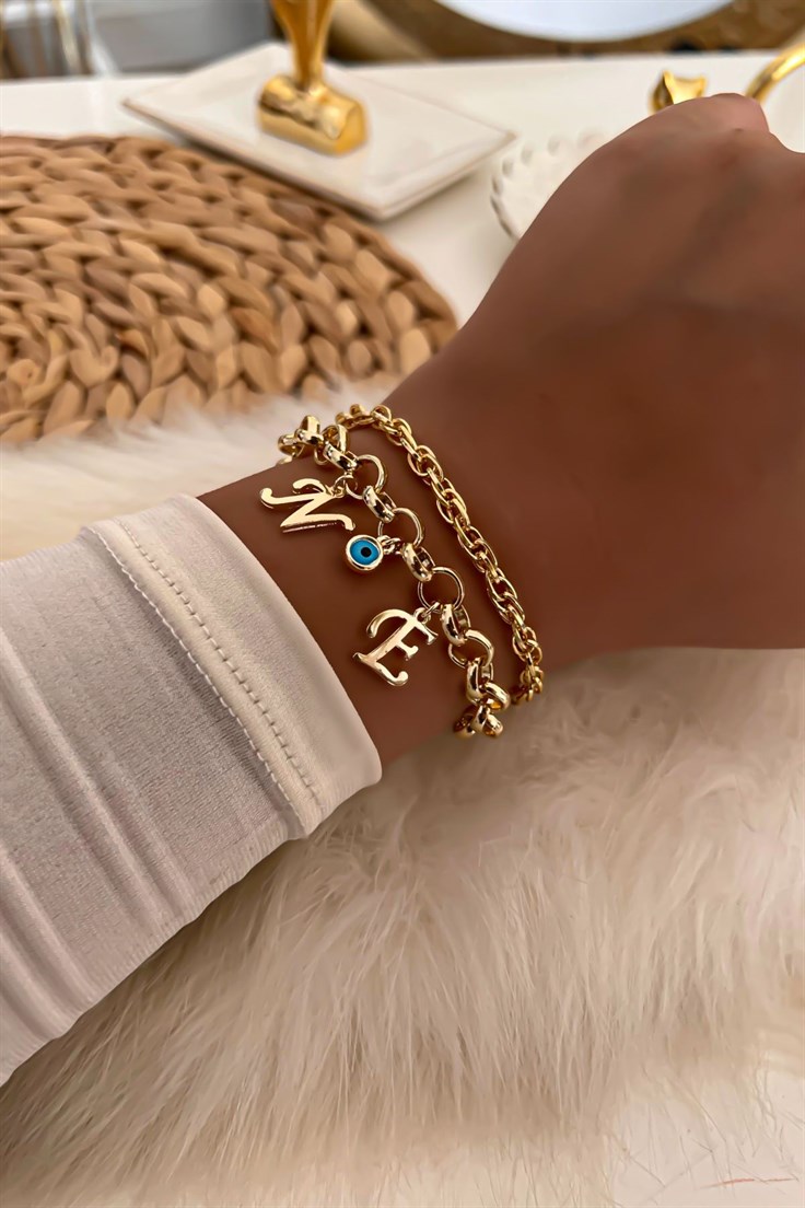 İki Harfli İkili Zincir Bileklik 21 Gold