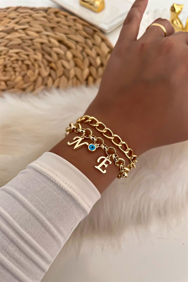 İki Harfli İkili Zincir Bileklik 22 Gold