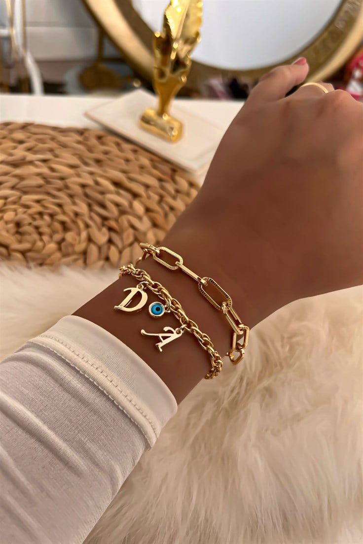 İki Harfli İkili Zincir Bileklik 24 Gold