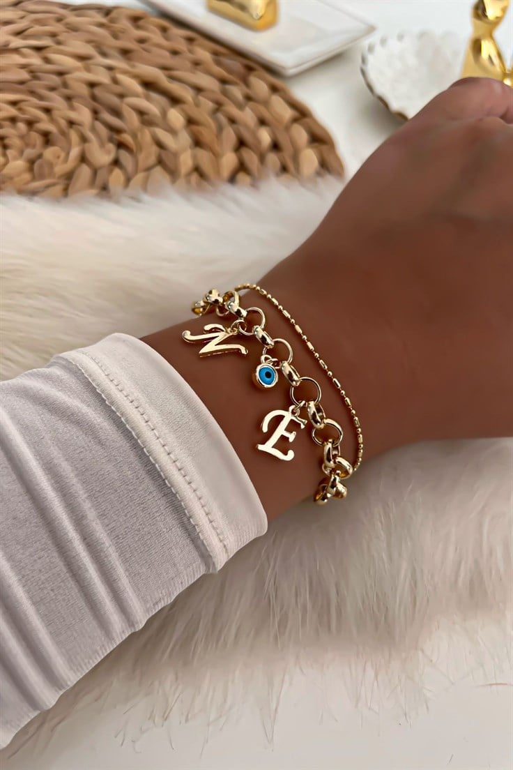 İki Harfli İkili Zincir Bileklik 25 Gold