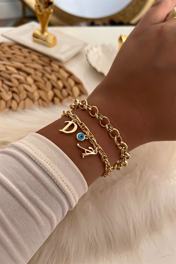 İki Harfli İkili Zincir Bileklik 26 Gold