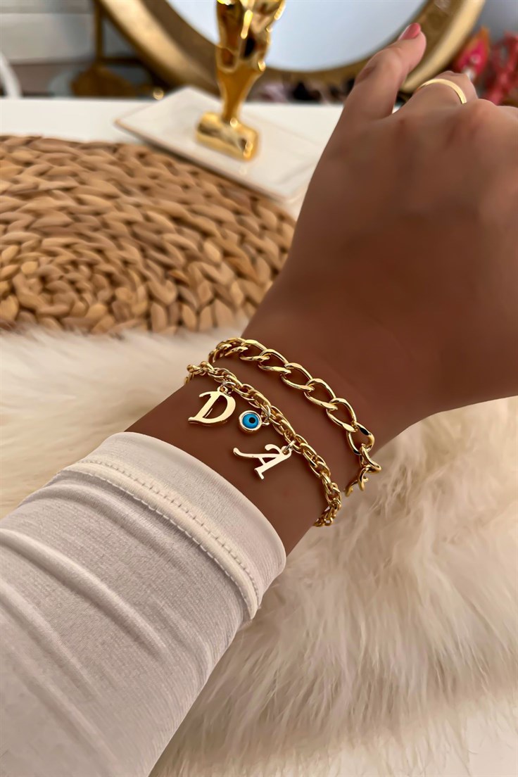 İki Harfli İkili Zincir Bileklik 27 Gold