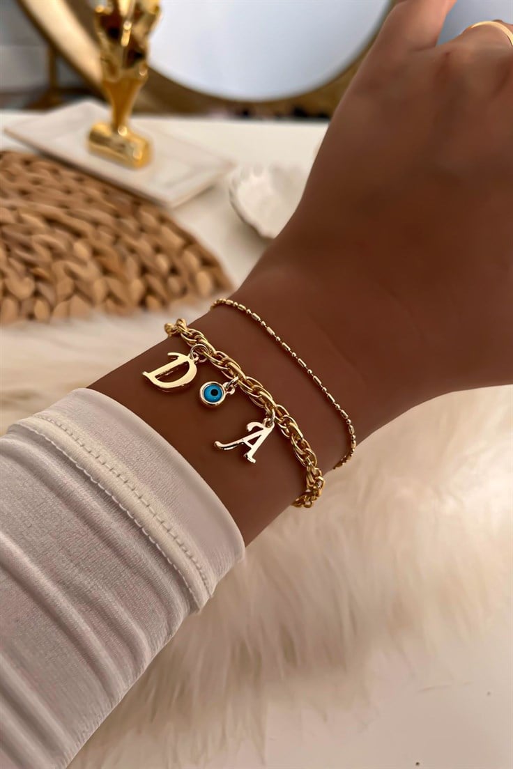 İki Harfli İkili Zincir Bileklik 28 Gold