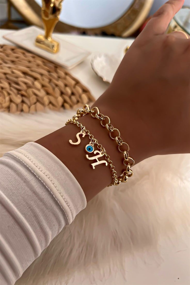 İki Harfli İkili Zincir Bileklik 30 Gold