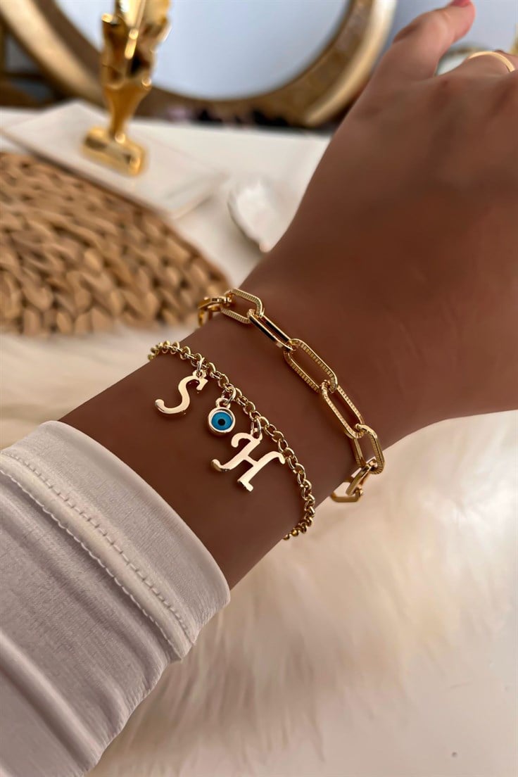 İki Harfli İkili Zincir Bileklik 31 Gold
