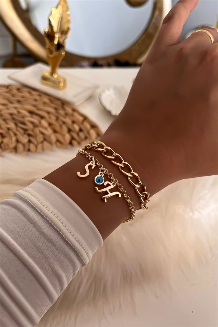 İki Harfli İkili Zincir Bileklik 32 Gold