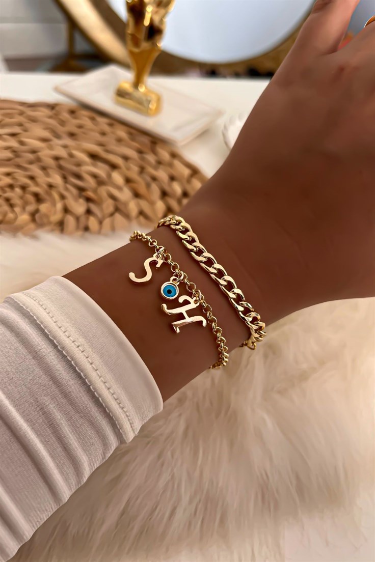 İki Harfli İkili Zincir Bileklik 33 Gold