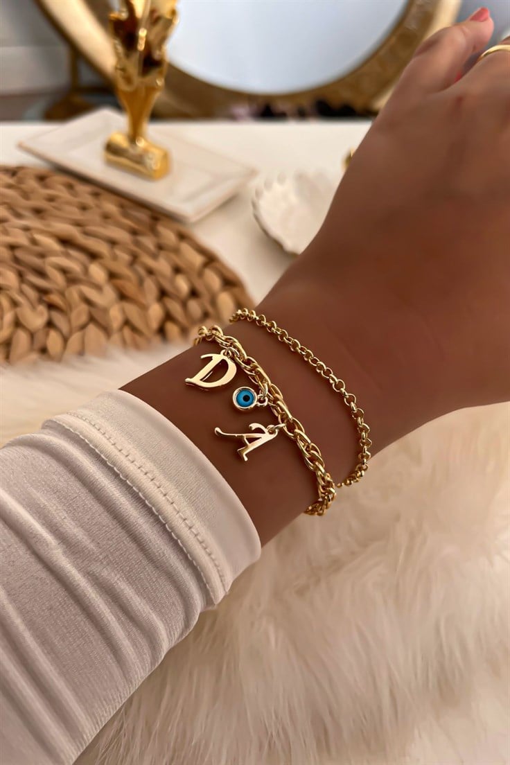 İki Harfli İkili Zincir Bileklik 35 Gold