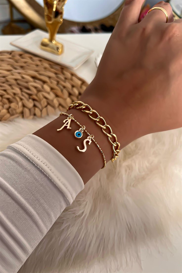 İki Harfli İkili Zincir Bileklik 37 Gold