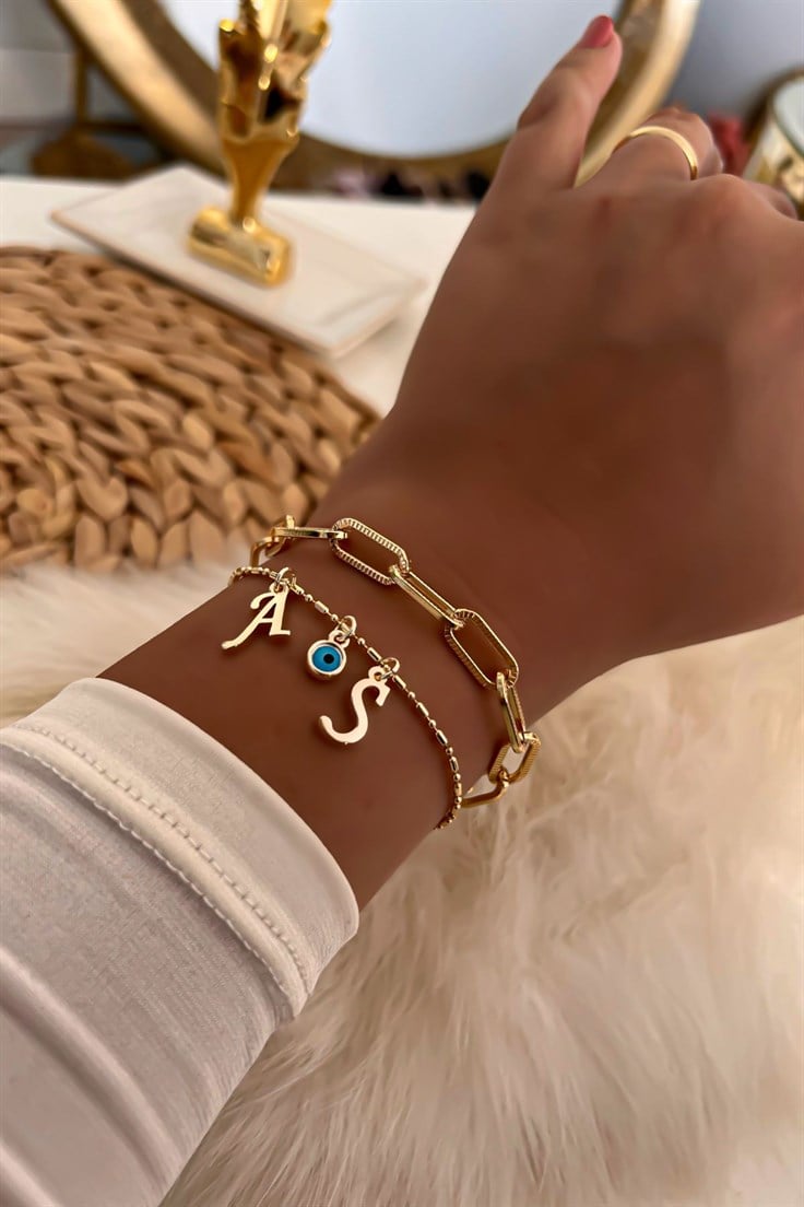 İki Harfli İkili Zincir Bileklik 38 Gold