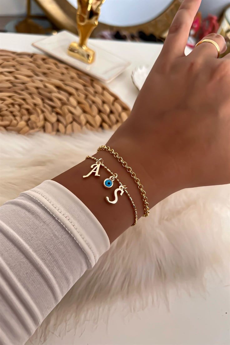 İki Harfli İkili Zincir Bileklik 39 Gold